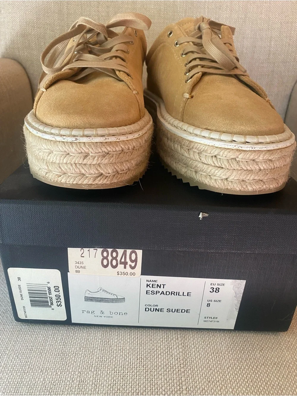Rag & Bone Kent Platform Espadrille Suede Sneakers Dune Women's Sz 38  US 8